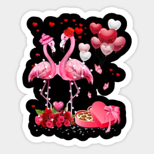 Happy Valentine's Flamingo Couple Red Roses Heart Balloons Sticker